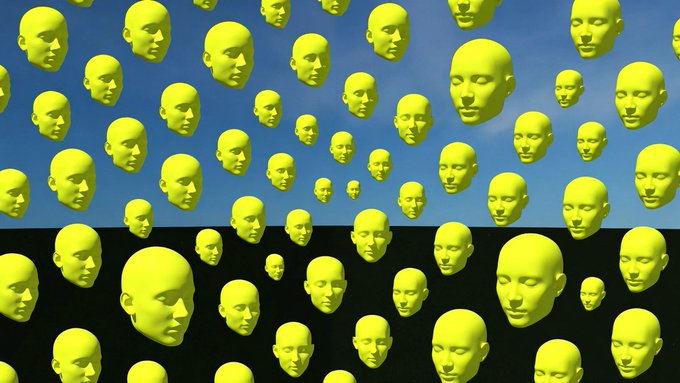 A surreal image featuring numerous yellow mannequin heads with closed eyes floating against a blue sky and a reflective water surface, creating a repeating pattern.