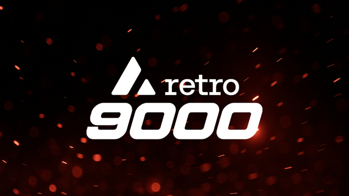 A logo graphic displays "retro 9000" in white text against a dark background with glowing orange sparks and bokeh effects.