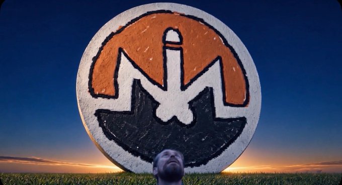 A large circular stone monument carved with an orange and black anchor-like emblem stands in a grassy field at dusk, with a man looking up at it in the foreground.