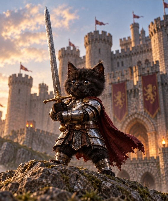 A fluffy black kitten dressed as a knight in silver armor with a red cape, holding a sword in front of a castle.