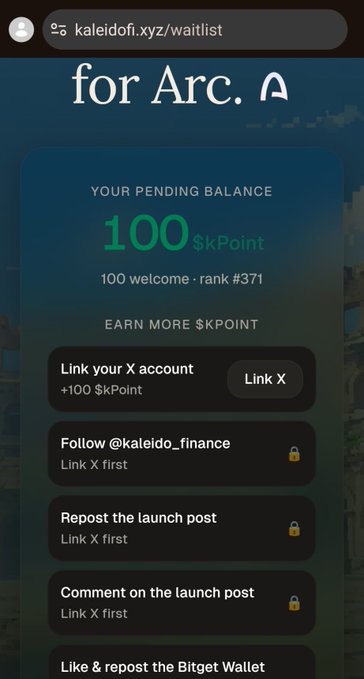 A mobile screenshot of kaleidofi.xyz/waitlist showing a pending balance of 100 $kPoint at rank #371, with options to earn more by linking X and engaging with posts.