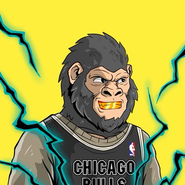 A cartoon illustration of a gorilla with gold teeth wearing a black 'CHICAGO BULLS' jersey, set against a yellow background with blue lightning effects.