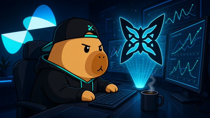 A cartoon bear wearing a black cap and hoodie sits at a computer desk with a holographic butterfly logo, surrounded by monitors displaying stock charts and a coffee mug nearby.