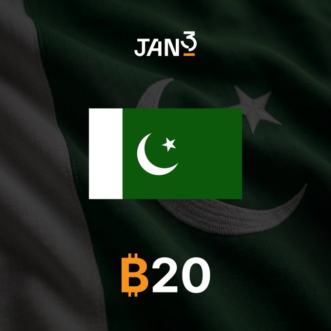 The image features the flag of Pakistan centered against a textured dark green background of the national flag, with "JAN3" branding at the top and "B20" (with a Bitcoin symbol replacing the B) at the bottom. The graphic visually reinforces the post's message about Pakistan's ranking at #14 in the B20 Index, highlighting the country's strategic pivot toward Bitcoin mining and institutional crypto adoption as a means of leveraging its surplus energy for economic sovereignty.