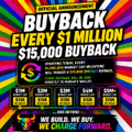 A colorful promotional infographic for $MURAD token announcing an aggressive buyback program at every $1 million market cap milestone, with tiered targets ranging from $1.5M up to $5M, accompanied by the phrase "WE BUILD, WE BUY, AND BUYBACKS SOON."
