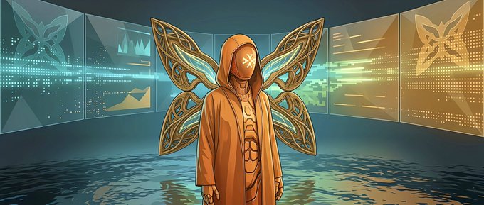 In this digital artwork, there's an orange-clad figure standing in front of a computer screen with multiple tabs open. The figure appears to be an AI or a robot, possibly designed as a butterfly. In total, there are four distinct screens visible on the computer monitor. One of these screens is a post about cryptocurrency, and another one shows what might be a butterfly. The remaining two screens remain empty. This art piece seems to have been created to discuss the concept of privacy and data protection in relation to AI and robot intelligence layers that are constantly working behind the scenes in browsers without being noticed by users.
