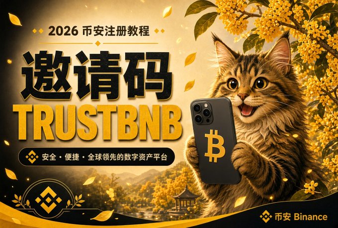 A Binance promotional graphic in Chinese featuring a cat holding a Bitcoin phone, with text "2026 币安注册教程 邀请码 TRUSTBNB"