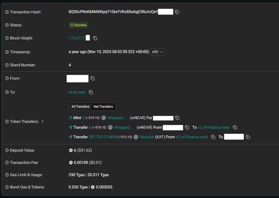 A blockchain transaction details page showing a successful transaction hash, block height 172,017, timestamp from Nov 10, 2025, with token transfers involving Mint, Wrapped NEAR, and NearKat (KAT).