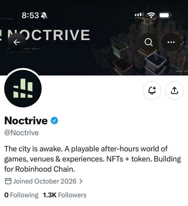 A screenshot of the verified X profile for “Noctrive” (@Noctrive), showing a stylized city graphic and the bio: “The city is awake. A playable after-hours world of games, venues & experiences. NFTs + token. Building for Robinhood Chain.” The profile lists 0 Following, 1.3K Followers, and joined October 2026, with the accompanying post noting secured collaborations with several communities for Noctrive and other named accounts.
