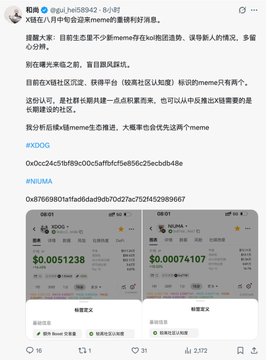 The image shows a Telegram post by user "和讯" titled "科普丨什么是货币对meme..." discussing how meme coins on Solana gain popularity through community recommendations and how exchanges like Binance and OKX list them. It features before/after screenshots of the $XDDG token's price increase from $0.0051238 to $0.00074107, illustrating the post's theme of profitable meme coin trading results.