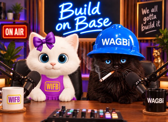 An animated podcast scene featuring two cats at a microphone setup, with a white cat wearing a purple bow and a 'WIFB' shirt, and a black cat wearing a blue 'WAGBI' hard hat smoking a cigarette, under a neon 'Build on Base' sign and an 'ON AIR' indicator.