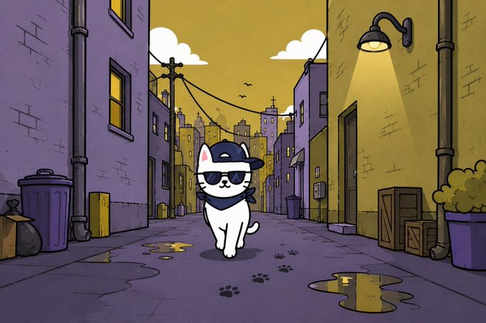 A cool cat wearing sunglasses and a backwards cap struts down a purple alleyway, leaving paw prints in puddles under a streetlamp at dusk. The image fits the post's theme of an exclusive "cat world," inviting viewers to join before the 48-hour deadline on cattoonhood.xyz.