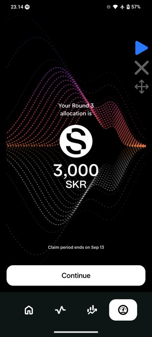 A mobile app screen showing 'Your Round 3 allocation is 3,000 SKR' with a Continue button, set against a colorful wavy background, with the claim period ending on Sep 13.