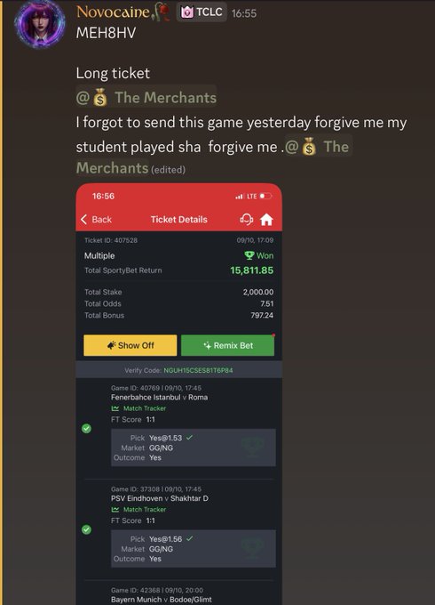 A Discord message from user "Novocaine" in the TCLC channel shows a betting ticket screenshot for "The Merchants" featuring a multi-bet with stakes of 2,000.00 that won 15,811.85, including selections on Fenerbahce Istanbul v Roma (Yes@1.53) and PSV Eindhoven v Shakhtar Donetsk (Yes@1.56), celebrating winning even with "web4" mentioned in the court.