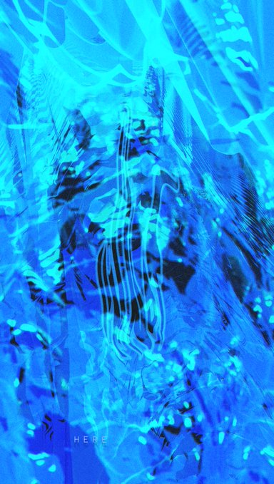 An abstract digital artwork with swirling, glitchy blue and cyan patterns and the word 'HERE' at the bottom.