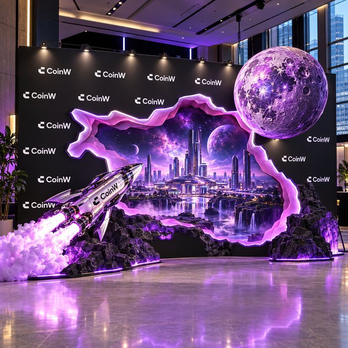 A promotional event display for CoinW features a large purple moon and a rocket ship breaking through a torn wall to reveal a futuristic cityscape, surrounded by the CoinW logo.