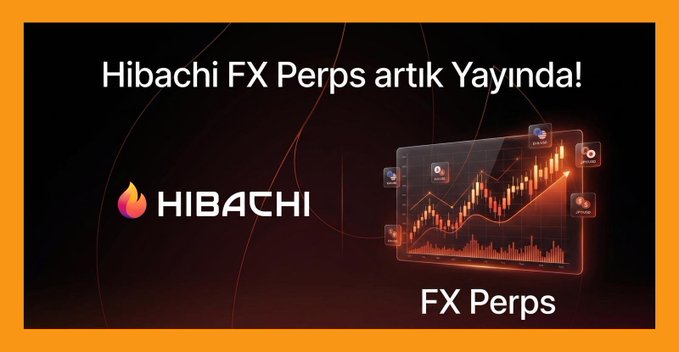 The image features a large orange flame with the words "hibachi" written above it, along with an orange line of text that reads "Evet @hibachi FX perp aktif." The background of the image is black, which contrasts with the vibrant colors and makes them stand out.