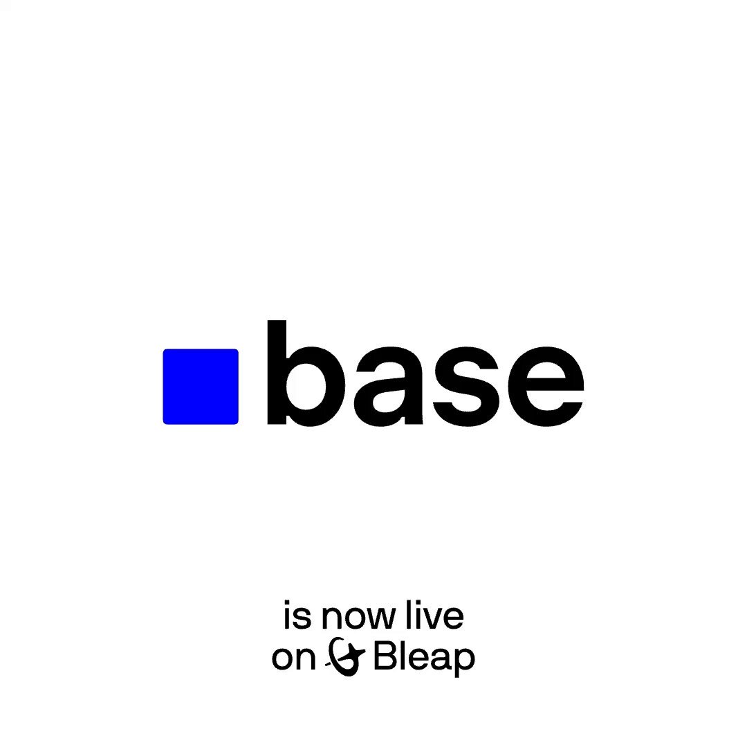 The image shows a logo for a cryptocurrency exchange called Base that displays both a black and white design with a blue square as its central element. The text reads "Base" and "is now live on Bleap", indicating that the platform has recently launched, and users can start trading Base tokens on Bleap immediately.