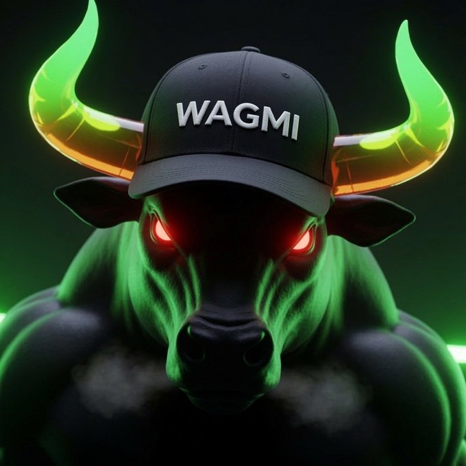 A muscular green bull with glowing red eyes and neon green-orange horns wears a black cap reading "WAGMI," symbolizing bullish crypto optimism. The image's "wagmi" cap directly mirrors the post's rallying cry, visually representing the triumphant, "we're all gonna make it" energy after reviving the trenches with $ANSEM.