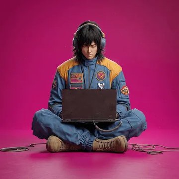 A person in a blue and yellow jumpsuit with patches and a headset sits cross-legged on the floor against a pink background, working on a laptop.