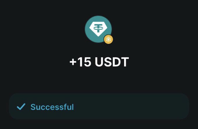 A dark-themed transaction confirmation screen displays "+15 USDT" with a Tether (USDT) logo icon and a green checkmark next to the word "Successful," indicating a completed cryptocurrency payment. This image illustrates the post's claim of earning money quickly online, showing a successful USDT reward payout—likely from a Web3 engagement or "drop" campaign where users get paid in crypto for simple social media actions like retweeting and commenting.