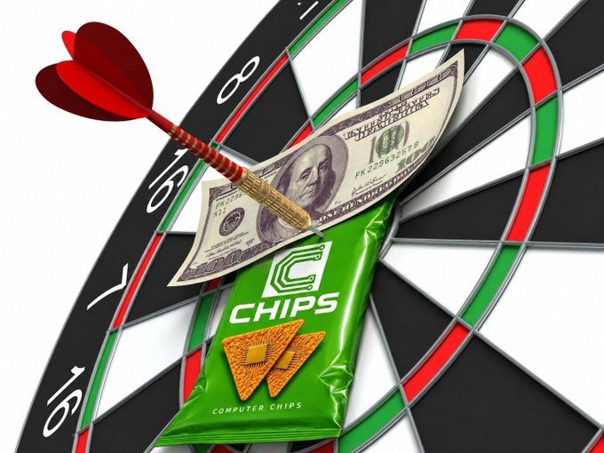A conceptual image showing a dart piercing a $100 bill into a bag of "CHIPS Computer Chips" on a dartboard, symbolizing targeted investment.