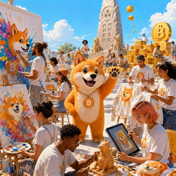 A vibrant, AI-generated illustration depicts a Shiba Inu mascot wearing a Bitcoin medallion waving cheerfully, surrounded by artists creating Shiba/Bitcoin-themed paintings, apparel, and sculptures.