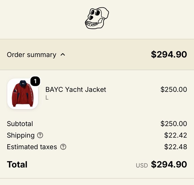 An order summary screenshot showing a BAYC Yacht Jacket purchased for $250.00 with shipping and taxes bringing the total to $294.90, with a skull icon at the top.
