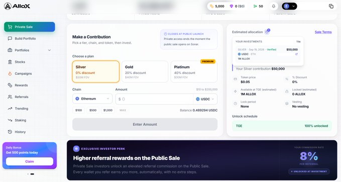 A screenshot of the AlloX platform showing a 'Make a Contribution' page with plans for Silver, Gold, and Platinum tiers, an Ethereum chain selection, and an estimated allocation for user 'B0x...F60' showing '0 $ALLOX' verified.