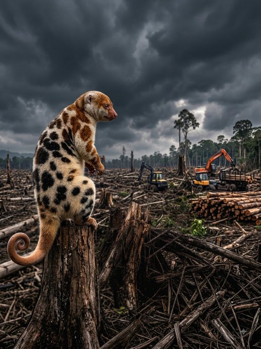 A spotted animal sits on a tree stump overlooking a devastated deforested landscape with logging equipment and piled logs under dark stormy skies.