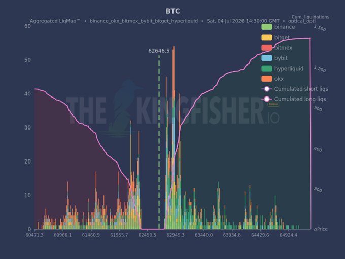 The image is an aggregated BTC liquidation map from Kingfisher.io (dated Sat, 04 Jul 2026), showing stacked short and long liquidation clusters across exchanges (Binance, OKX, BitMEX, Bybit, Hyperliquid, Bitget) around the 62,646.5 price level. The dense short-side spikes just above 62.9k visually confirm the post's observation of a heavy short imbalance forming a potential liquidity magnet if price pushes higher.