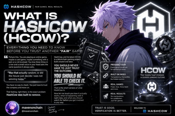 An infographic promoting HashCow (HCOW), a blockchain gaming token, featuring an anime-style purple-haired character and the headline 'WHAT IS HASHCOW (HCOW)?' alongside features like 'FAIR PLAY,' 'PROVABLY FAIR,' and 'REAL GAMES.'