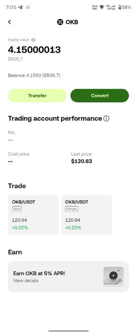 A mobile screenshot of an OKX trading app showing an OKB equity value of 4.15000013 ($500.7), with last price at $120.63 and trade options for OKB/USDT spot and margin.