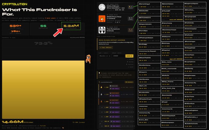 Dashboard screenshot titled 'CRYPTOLUTION - What This Fundraiser Is For,' showing statistics like '530+ CONTENT PIECES,' '55 VIDEOS,' and a goal of '5-34M RAISED,' with a leaderboard on the right.