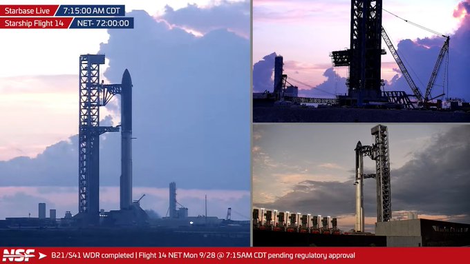 A SpaceX Starship rocket stands on its launch pad under a sunset sky, with on-screen text indicating "Starbase Live," "7:15:00 AM CDT," and "Starship Flight 14" with a countdown at "T- 72:00:00," alongside a ticker noting that "B21/S61 WDR completed | Flight 14 NET Mon 9/28 @ 7:15AM CDT pending regulatory approval." The image highlights a pivotal moment in SpaceX's Starship program, which the post frames as a catalyst for investment in related stocks like $SPCX.