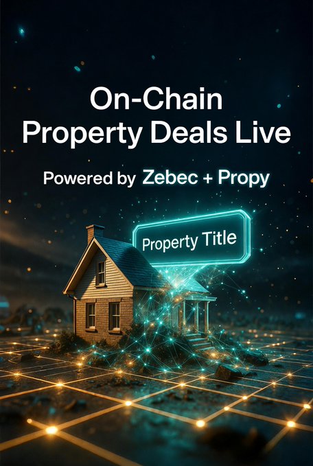 A promotional graphic with the text 'On-Chain Property Deals Live Powered by Zebec + Propy' featuring a 3D illustration of a house on a glowing grid with a 'Property Title' label.