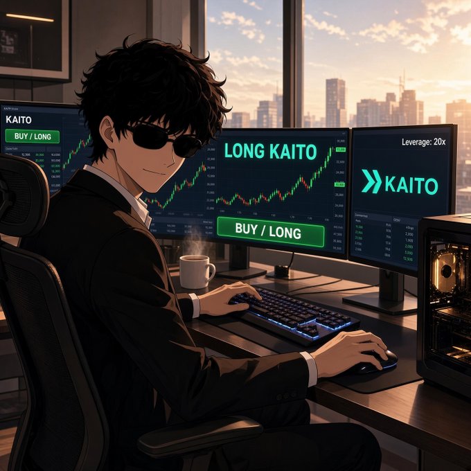 An anime-style illustration of a man in a suit and sunglasses trading at a multi-monitor setup displaying 'KAITO', 'LONG KAITO', and 'BUY / LONG' with a 'Leverage: 20x' indicator.