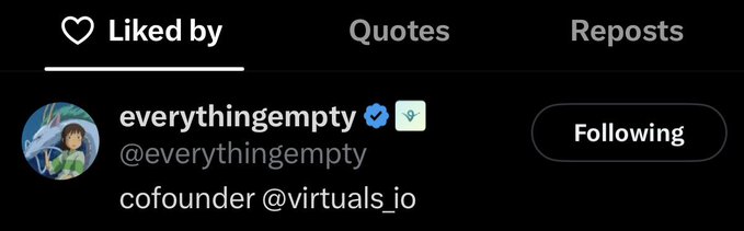 A Twitter/X profile header showing the verified account 'everythingempty' (@everythingempty) described as 'cofounder @virtuals_io'.