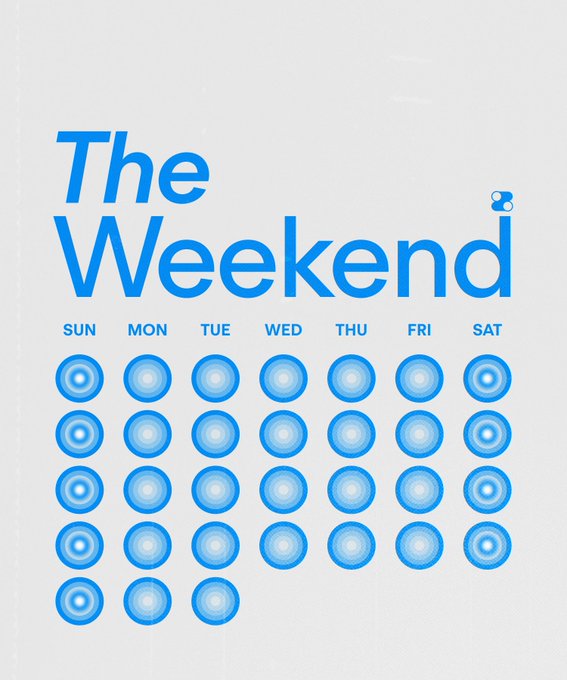A blue-toned graphic titled "The Weekend" displays a calendar grid showing days of the week (SUN-SAT) populated entirely with filled blue circles, contrasting the empty weekend slots typically seen on traditional finance calendars. The image visualizes the post's point that while traditional finance takes weekends off to "recover," users of the featured platform (Dreamcash) have continuous, uninterrupted access every day of the week.
