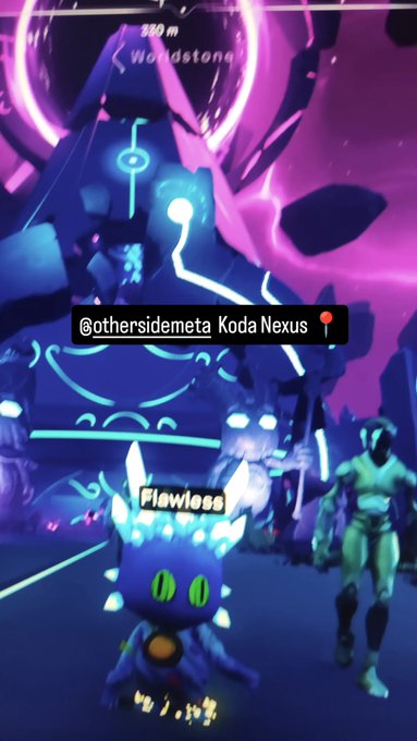 A video game screenshot from Otherside Meta featuring a blue creature labeled 'Flawless' and a character named 'Koda Nexus' against a glowing purple background with a 'Worldstone' marker.