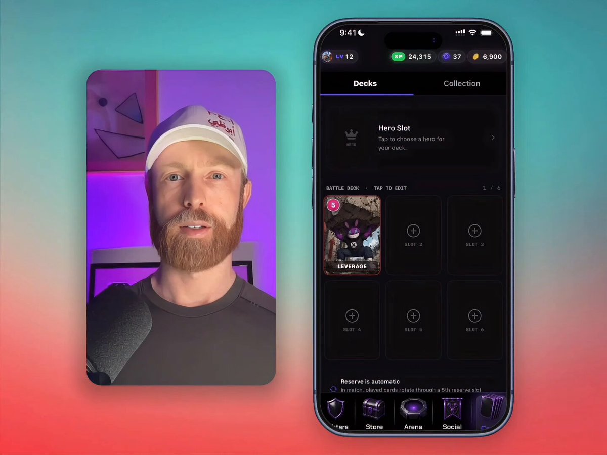 The image features a man's face captured on his phone screen while he is wearing a baseball cap, as well as another man playing a song with his phone. The cellphone being referred to has a tutorial app for playing cards specifically named @monad. A caption about a card game and the players' strategy can also be seen in the image, suggesting that they are discussing gameplay strategies or analyzing their gameplay experience on this card-playing app.