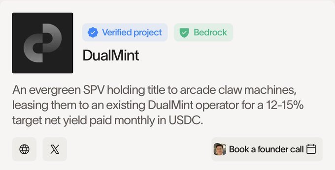 A project listing for 'DualMint' showing badges 'Verified project' and 'Bedrock', describing an SPV holding title to arcade claw machines leasing to a DualMint operator for a 12-15% target net yield paid monthly in USDC, with a 'Book a founder call' button.