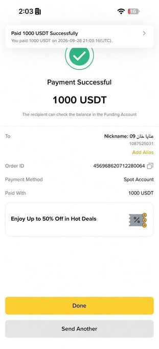 A mobile payment confirmation screen showing a successful payment of 1000 USDT to a user with the nickname 'بناء الله 09' (ID 1087525031), with Order ID 456968620712280064 and a 'Done' button at the bottom.