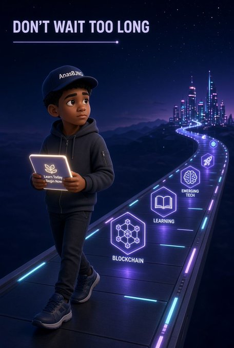 A young boy wearing a cap reading 'AnasBlog' holds a tablet displaying 'Learn Today, Begin Now' on a glowing futuristic pathway labeled with 'Blockchain,' 'Learning,' and 'Emerging Tech' under the heading 'DON'T WAIT TOO LONG'.