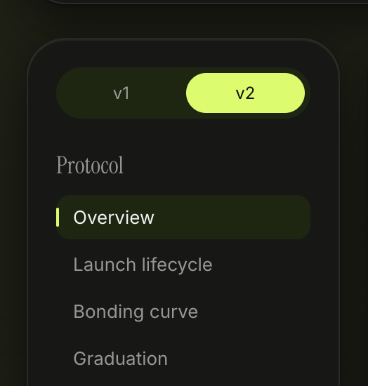 A navigation menu from the "Protocol" section of the Pons v2 documentation, showing the v2 version tab is selected (highlighted in yellow-green) alongside an unselected v1 tab, with sub-sections listed below: Overview, Launch lifecycle, Bonding curve, and Graduation.