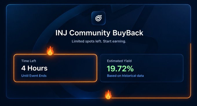 A promotional graphic for "INJ Community BuyBack" displays a limited offer with 4 hours remaining and an estimated yield of 19.72% based on historical data.