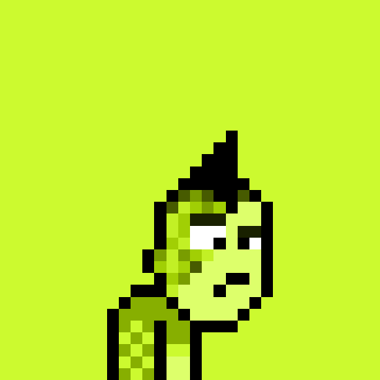 A close-up pixel art character with a green face, dark hair, and a white eye appears against a lime green background.