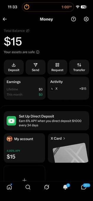 The screenshot shows a "Money" interface with a total balance of $15, an activity log showing a +$15 transaction, and an account with $15 at 4.00% APY. This directly relates to the post's statement about receiving "X money" and questioning its use for banking versus an emergency fund.