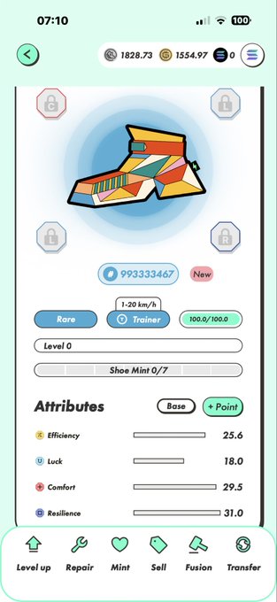 A mobile game interface displays a colorful Rare sneaker NFT at Level 0 with attributes Efficiency 25.6, Luck 18.0, Comfort 29.5, and Resilience 31.0, owned by ID 993333467 with a green "New" tag indicating a freshly minted token. The post celebrates the minting of this trainer sneaker, highlighting the player's excitement about obtaining a new digital asset in the game.