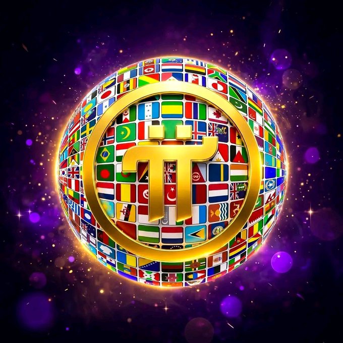 A 3D golden Pi (π) cryptocurrency coin surrounded by a globe made of various national flags, set against a purple cosmic background.